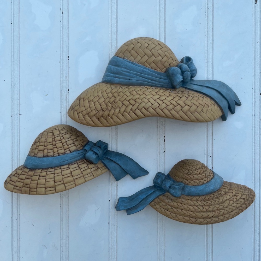 Vintage Burwood Products 1987 Straw Hat Wall Decor Set of 3 Blue Ribbon 2803
